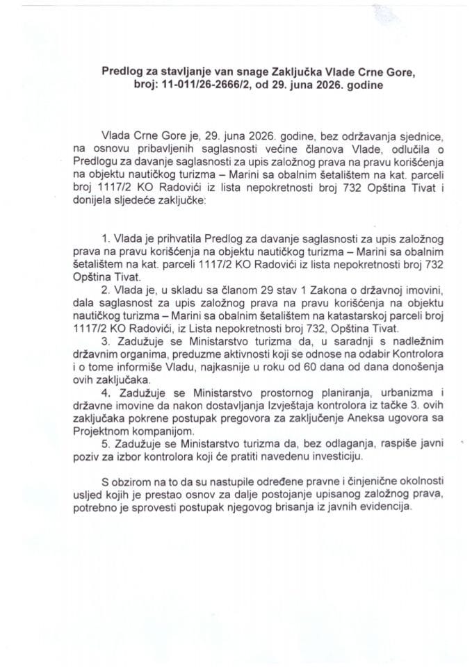 Predlog za stavljanje van snage Zaključka Vlade Crne Gore,broj: 11-011/26-2666/2, od 29. juna 2026. godine