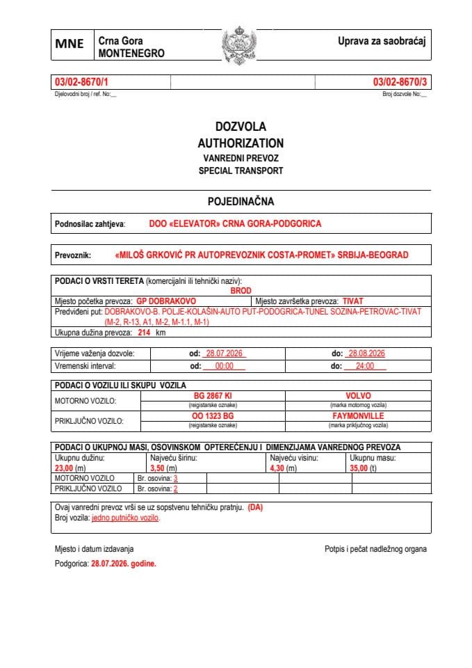 ELEVATOR 03-02-8670-MILOŠ GRKOVIĆ PR AUTOPREVOZNIK COSTA-PROMET