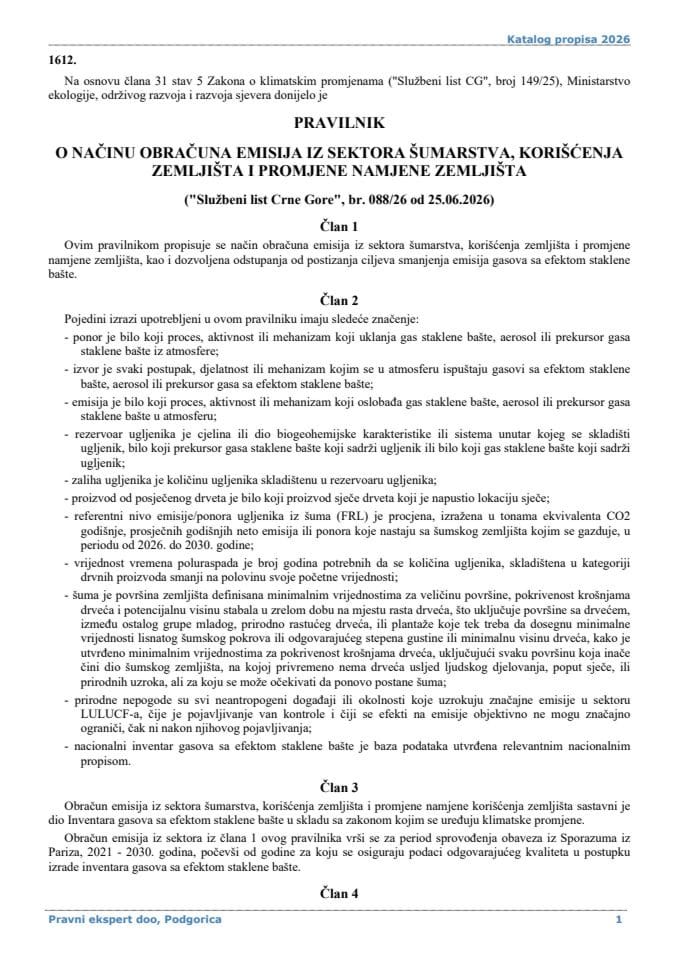 Pravilnik o načinu obračuna emisija iz sektora šumarstva korišćenja zemljišta i promjene namjene zemljišta