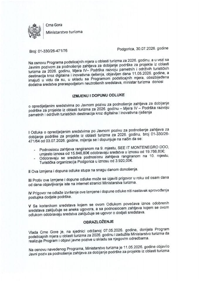 Izmjena i dopna odluke - Mjera IV - Podrška razvoju pametnih i održivih turističkih destinacija kroz digitalna i inovativna rješenja