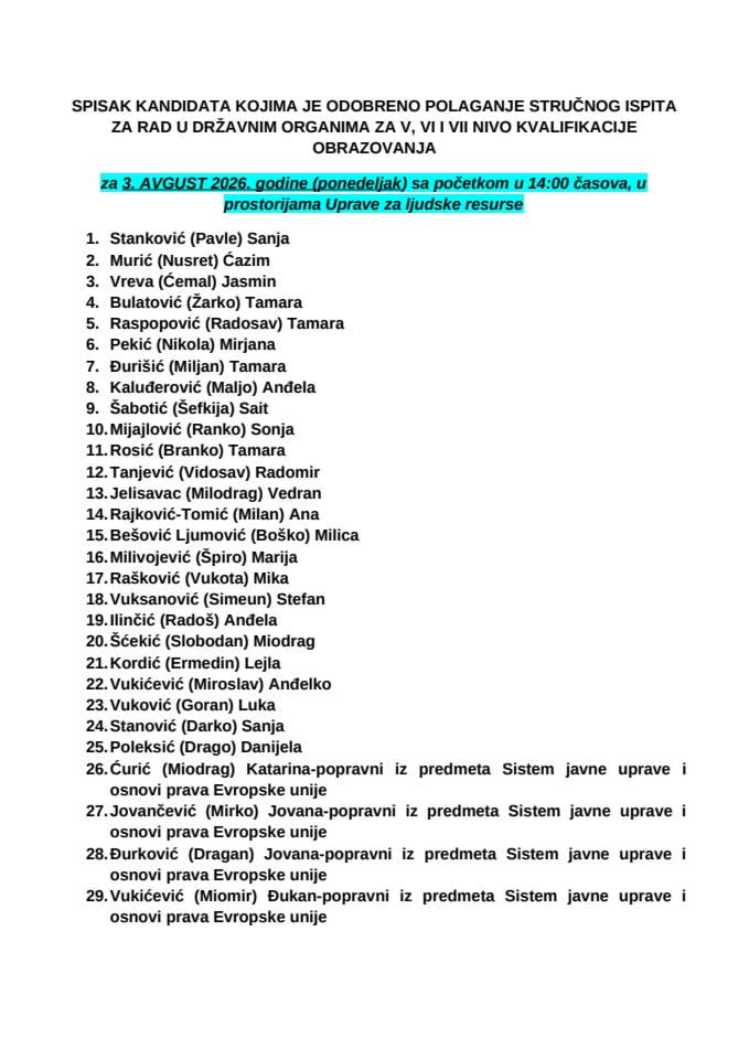 Spisak kandidata 3. avgust 2026. godine VSS