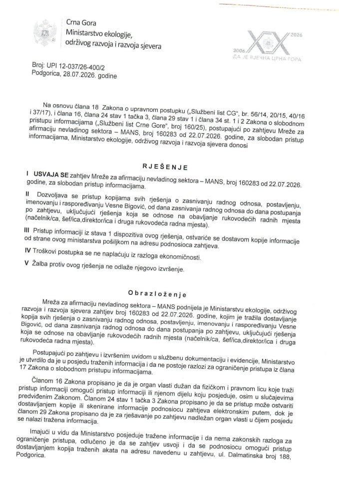 Rješenje po zahtjevu NVO MANS UPI-12-037-26-400-2 od 28.07.2026.
