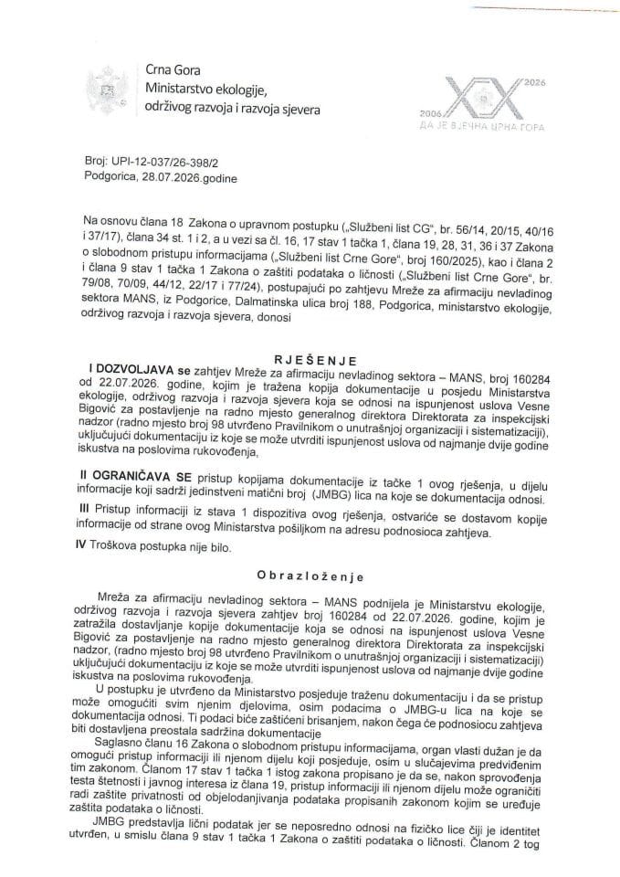 Rješenje po zahtjevu NVO MANS UPI- 12-037-26-398-2 od 28.07.2026.