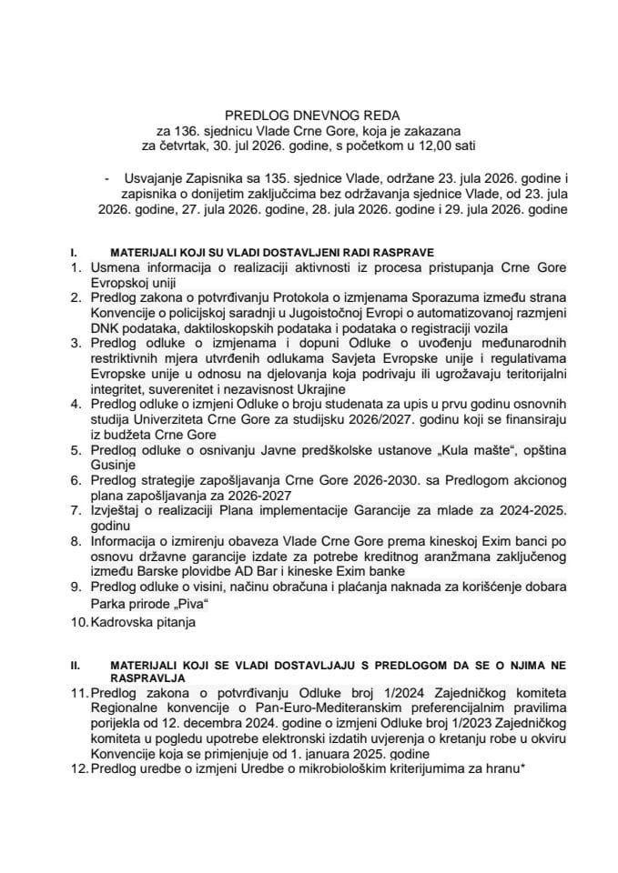 Predlog dnevnog reda za 136. sjednicu Vlade Crne Gore