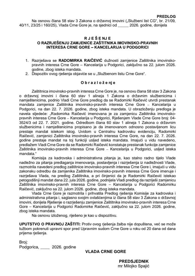 Predlog za razrješenje zamjenice Zaštitnika imovinsko-pravnih interesa Crne Gore - Kancelarija u Podgorici