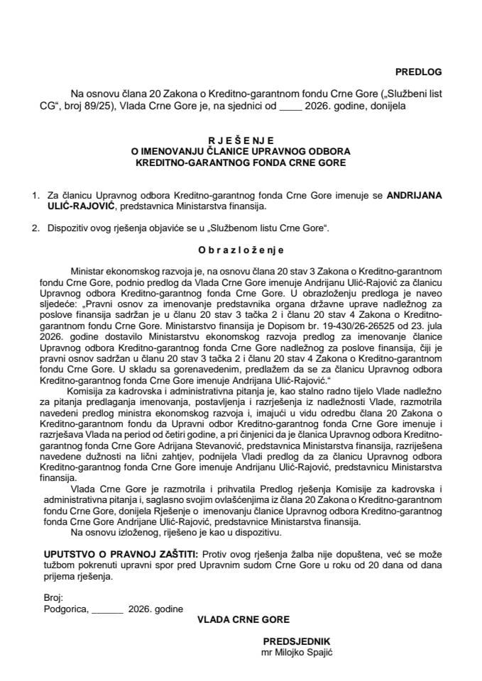 Predlog za imenovanje članice Upravnog odbora Kreditno-garantnog fonda Crne Gore