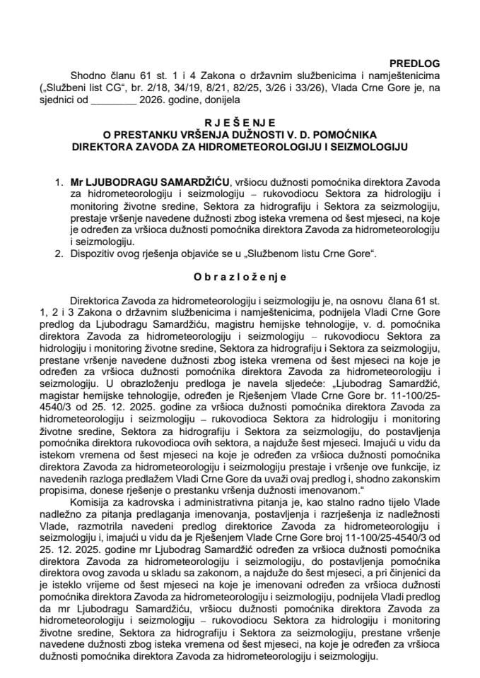 Predlog za prestanak vršenja dužnosti v. d. pomoćnika direktora Zavoda za hidrometeorologiju i seizmologiju