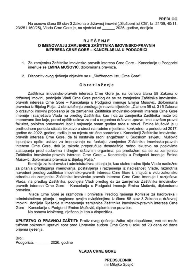 Predlog za imenovanje zamjenice Zaštitnika imovinsko-pravnih interesa Crne Gore - Kancelarija u Podgorici