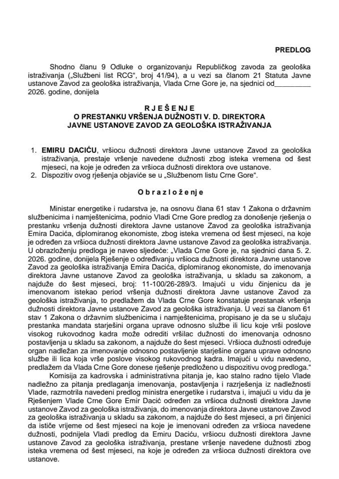 Predlog za prestanak vršenja dužnosti v. d. direktora Javne ustanove Zavod za geološka istraživanja