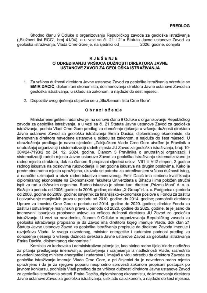 Predlog za određivanje vršioca dužnosti direktora Javne ustanove Zavod za geološka istraživanja