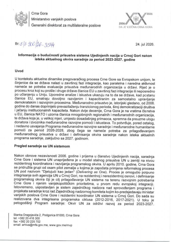 Informacija o budućnosti prisustva sistema Ujedinjenih nacija u Crnoj Gori nakon isteka aktuelnog okvira saradnje za period 2023-2027. godine