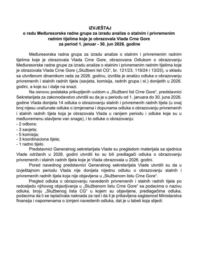 Izvještaj o radu Međuresorske radne grupe za izradu analize o stalnim i privremenim radnim tijelima koje je obrazovala Vlada Crne Gore u 2026. godini, za period od 1. januara do 30. juna 2026. godine