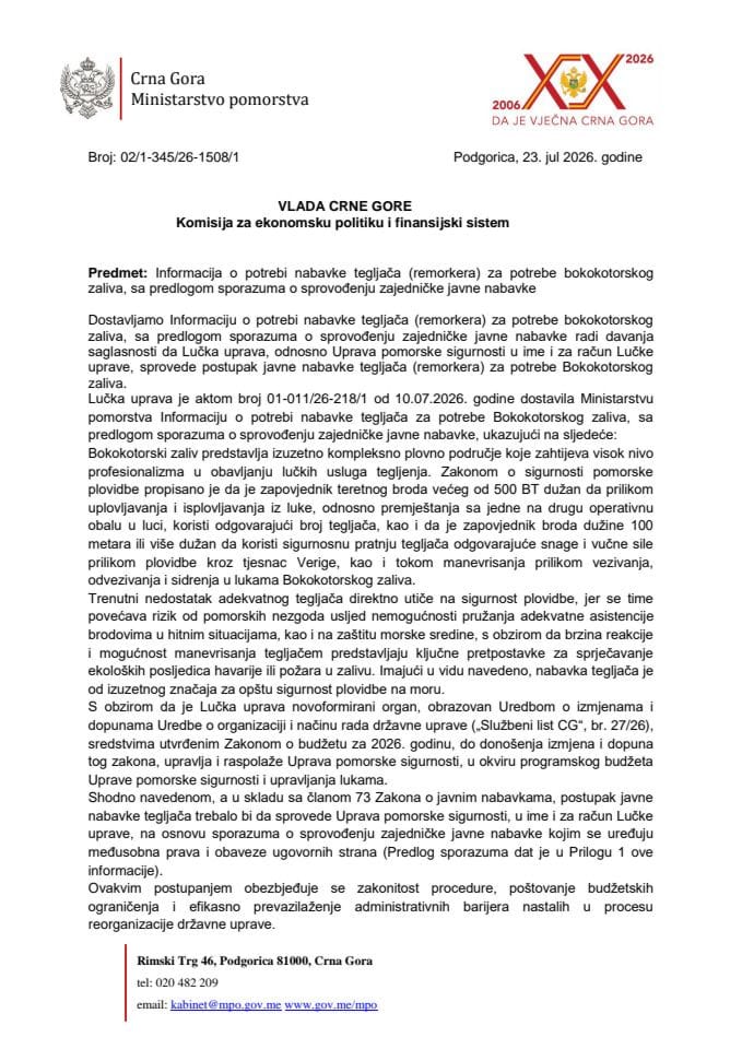 Informacija o potrebi nabavke tegljača (remorkera) za potrebe Bokokotorskog zaliva sa Predlogom sporazuma o sprovođenju zajedničke javne nabavke