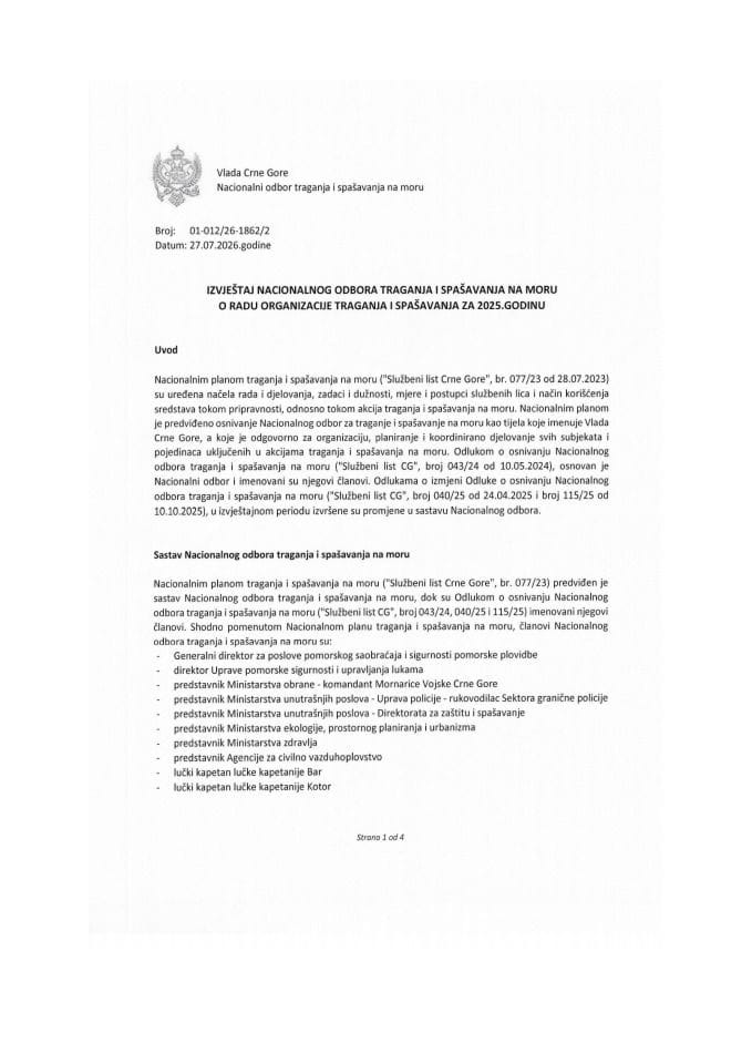 Izvještaj Nacionalnog odbora traganja i spašavanja na moru o radu organizacije traganja i spašavanja za 2025. godinu