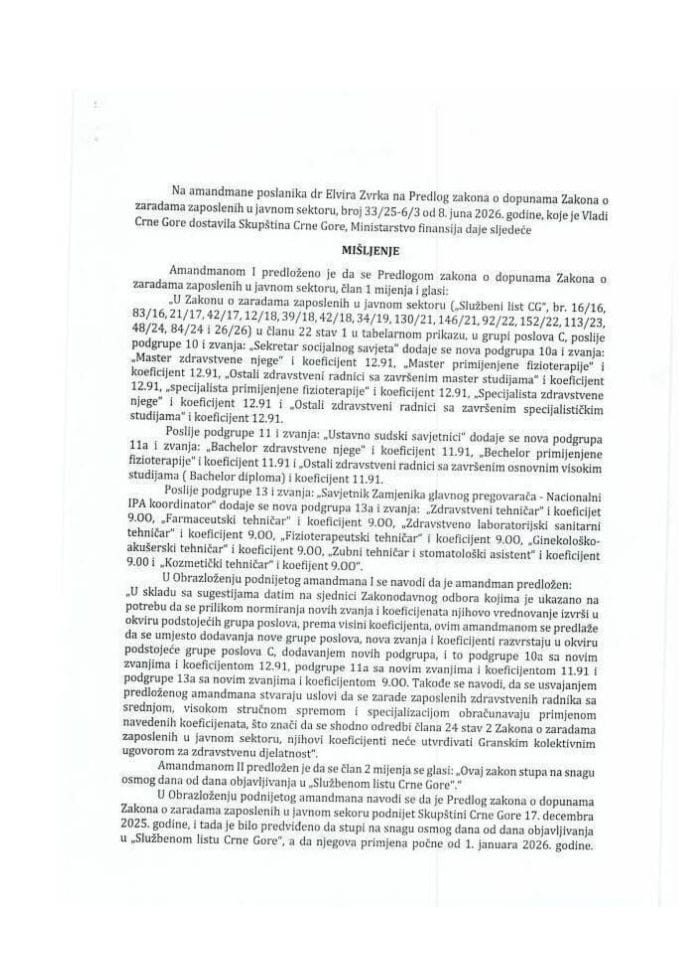 Predlog mišljenja na amandmane na Predlog zakona o dopunama Zakona o zaradama zaposlenih u javnom sektoru (predlagač poslanik dr Elvir Zvrko)