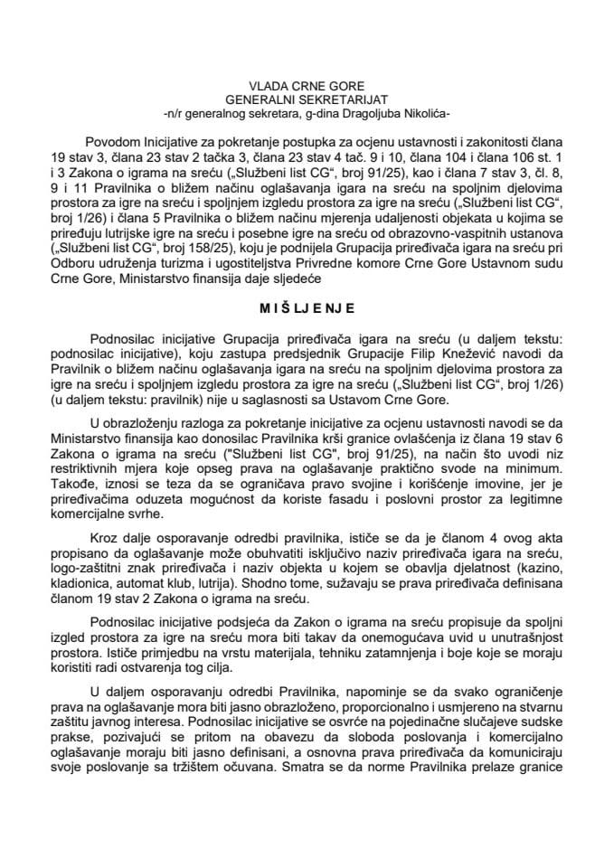 Predlog mišljenja na Inicijativu za pokretanje postupka za ocjenu ustavnosti i zakonitosti člana 19 stav 3, člana 23 stav 2 tačka 3, člana 23 stav 4 tač. 9 i 10, člana 104 i člana 106 st. 1 i 3 Zakona o igrama na sreću („Službeni list CG“, broj 91/25)...