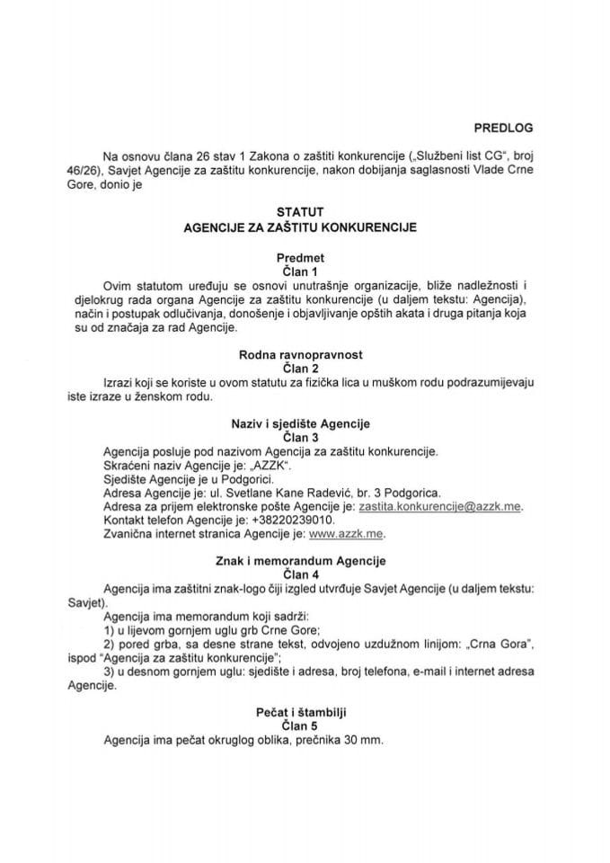 Predlog statuta Agencije za zaštitu konkurencije