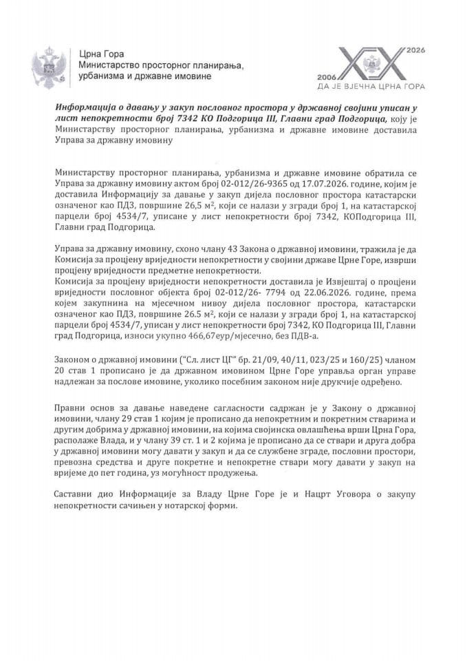Informacija o davanju u zakup poslovnog prostora u državnoj svojini upisan u list nepokretnosti broj 7342 KO Podgorica III, Glavni grad Podgorica s Predlogom ugovora
