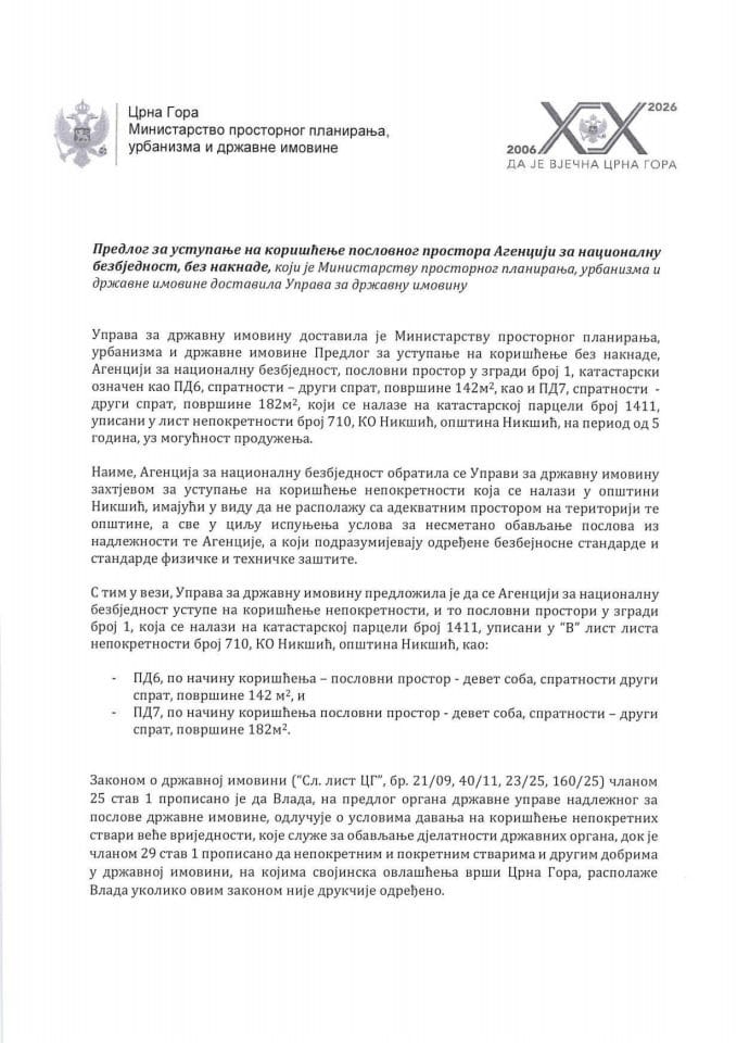 Predlog za ustupanje na korišćenje poslovnog prostora Agenciji za nacionalnu bezbjednost, bez naknade s Predlogom ugovora