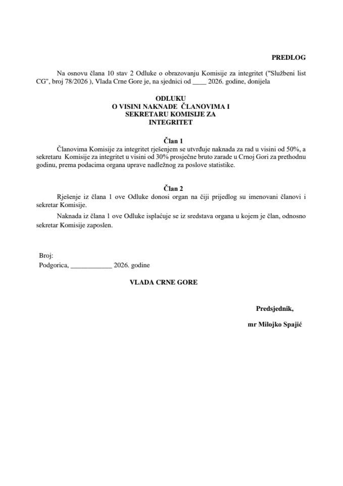 Predlog odluke o visini naknade članovima i sekretaru Komisije za integritet