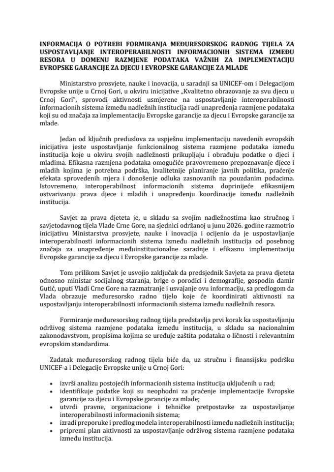 Informacija o potrebi formiranja međuresorskog radnog tijela za uspostavljanje interoperabilnosti informacionih sistema između resora u domenu razmjene podataka važnih za implementaciju Evropske garancije za djecu i Evropske garancije za mlade