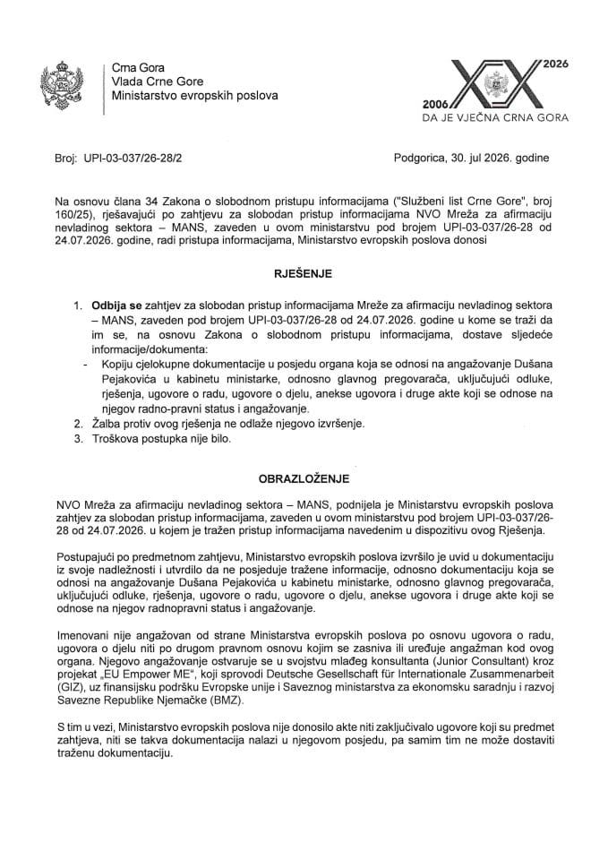 Zahtjev za slobodan pristup informacijama Rješenje (angažovanje Dušana Pejakovića)