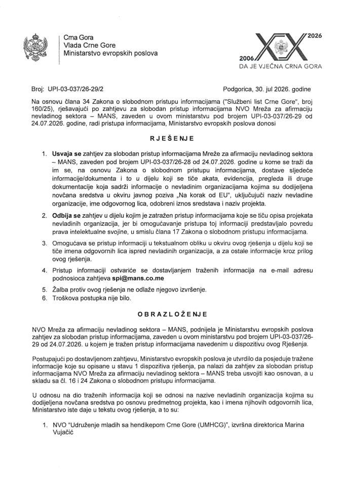 Zahtjev za slobodan pristup informacijama Rješenje MANS NVO projekat 2026