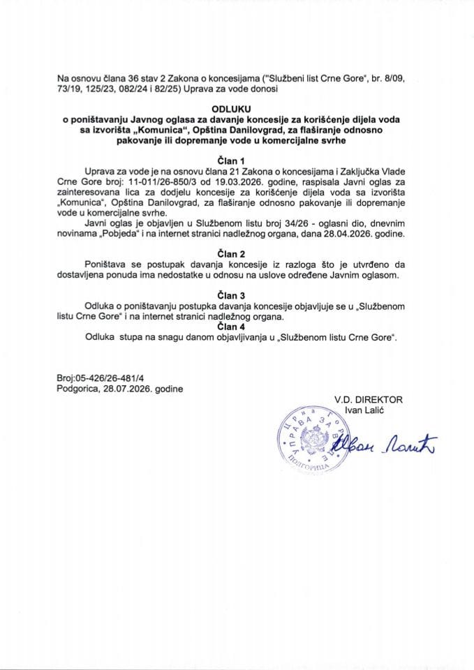Odluka o poništavanju Javnog oglasa - Komunica