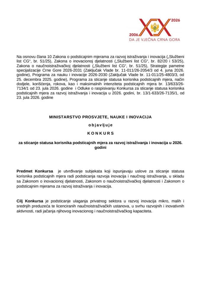 KONKURS za sticanje statusa korisnika podsticajnih mjera za razvoj istraživanja i inovacija u 2026. godini