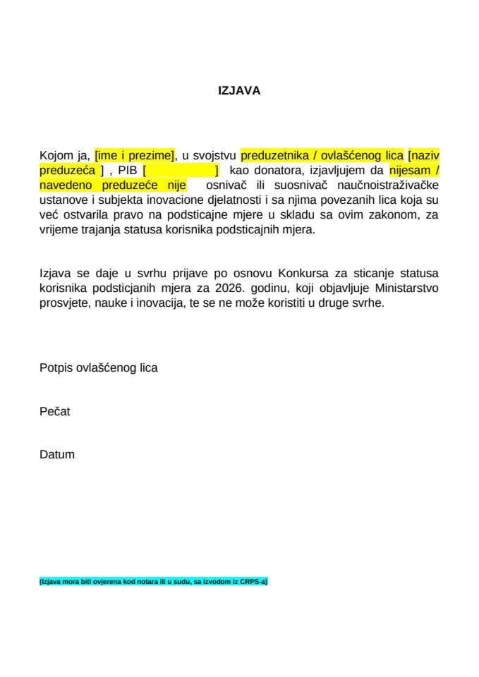 V Izjava donatora pravno ili fizicko lice da nije osnivac ili suosnivac naucnoistrazivacke ustanove