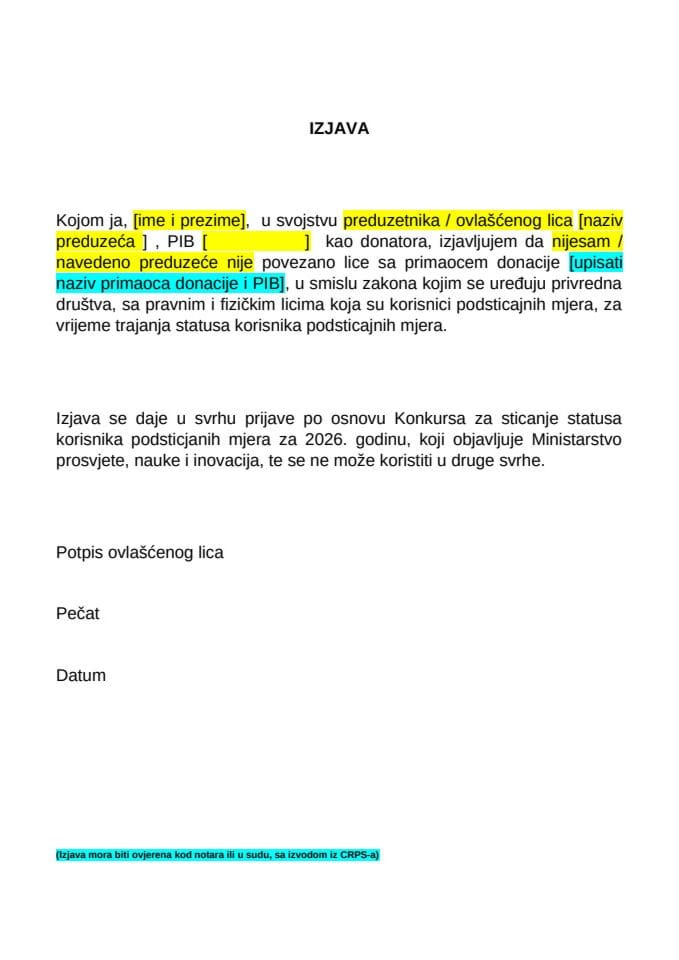 VI Izjava donatora pravno ili fizicko lice