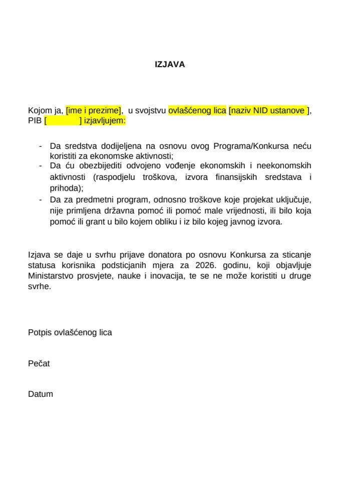 VII Izjava NID ustanove o neekonomskim aktivnostima