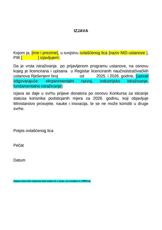 VIII Izjava NID ustanove o vrsti istrazivanja