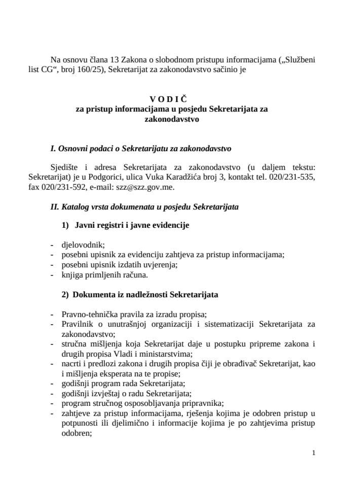 Vodič za pristup informacijama u posjedu Sekretarijata za zakonodavstvo 31.7.2026.