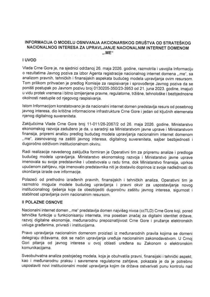 Informacija o modelu osnivanja akcionarskog društva od strateškog nacionalnog interesa za upravljanje nacionalnim internet domenom ".me"