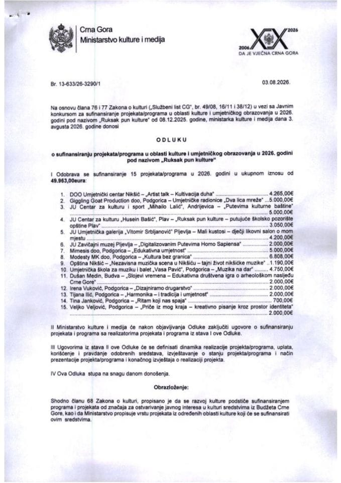 Odluka Ruksak pun kulture 2026
