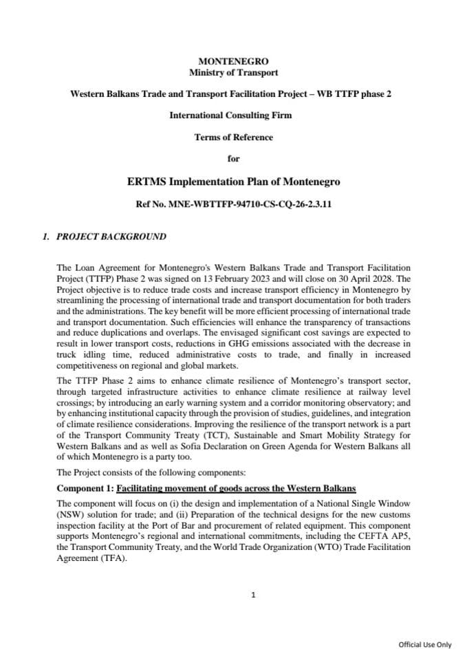 ToR ERTMS Implementation Plan of Montenegro