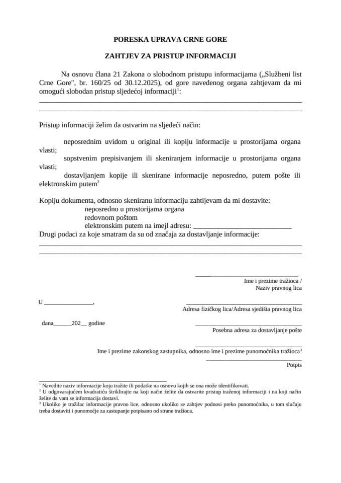 Obrazac zahtjeva za Slobodan pristup informacijama