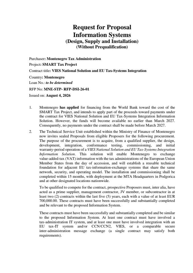Request for Proposal for the "VIES National Solution Information System"/ Zahtjev za dostavljanje ponuda za "VIES National Solution Information System"