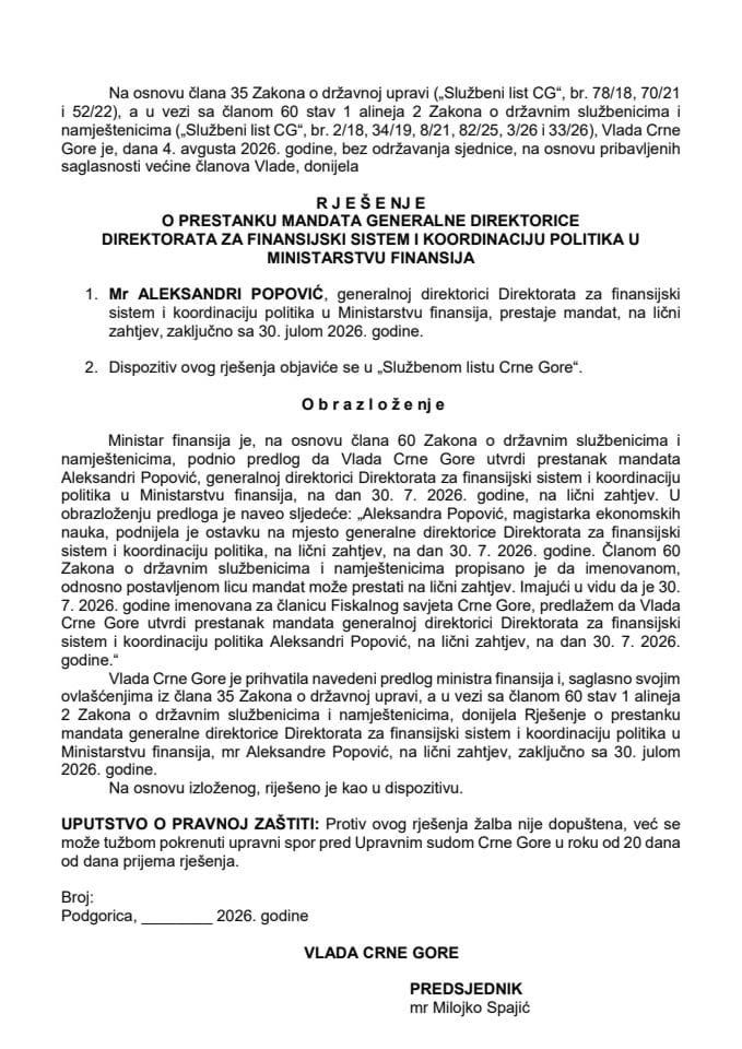 Predlog za razrjeṣ̌enje Aleksandre Popović, generalne direktorice Direktorata za finansijski sistem i koordinaciju politika u Ministarstvu finansija