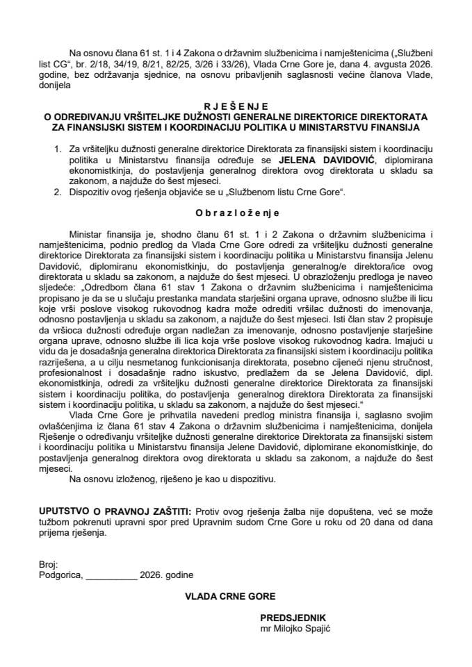 Predlog za imenovanje Jelene Davidović za vrṣ̌iteljku duẓ̌nosti generalne direktorice Direktorata za finansijski sistem u koordinaciju politika u Ministarstvu finansija