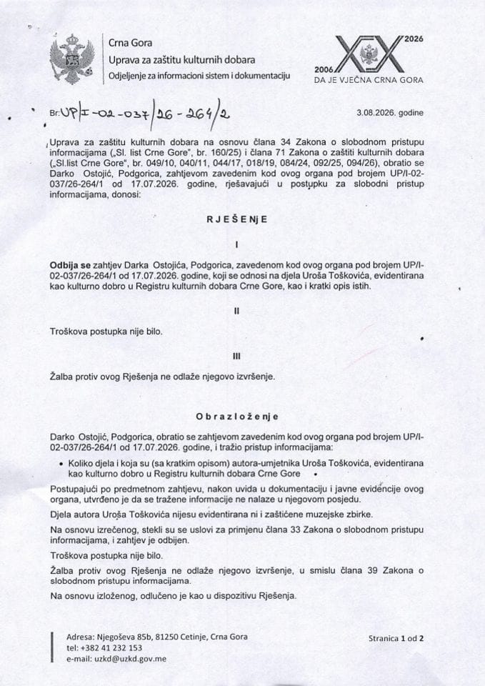 Rješenje o odbijanju zahtjeva UP-I-02-037-26-264-2 od 03.08.2026.