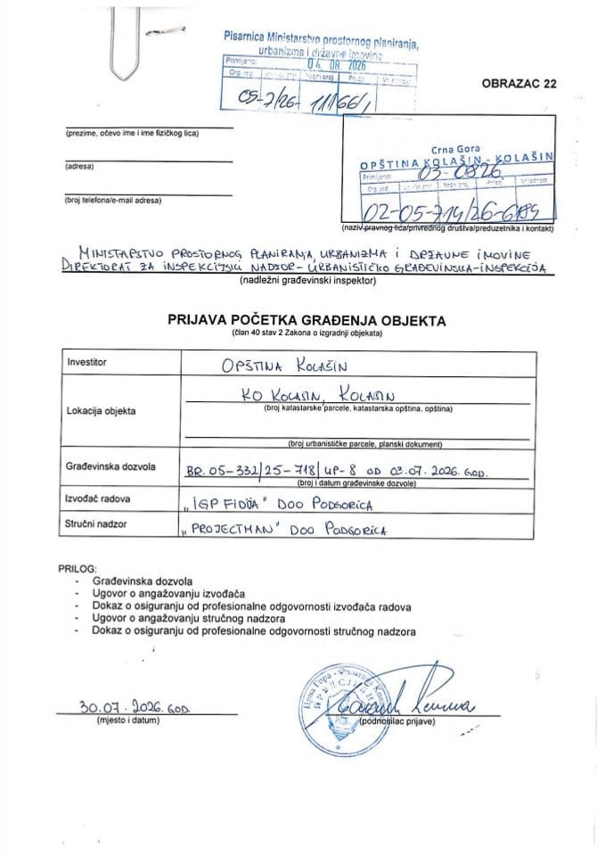 Prijava početka građenja objekta - 09-7-26-11166-1 OPŠTINA KOLAŠIN