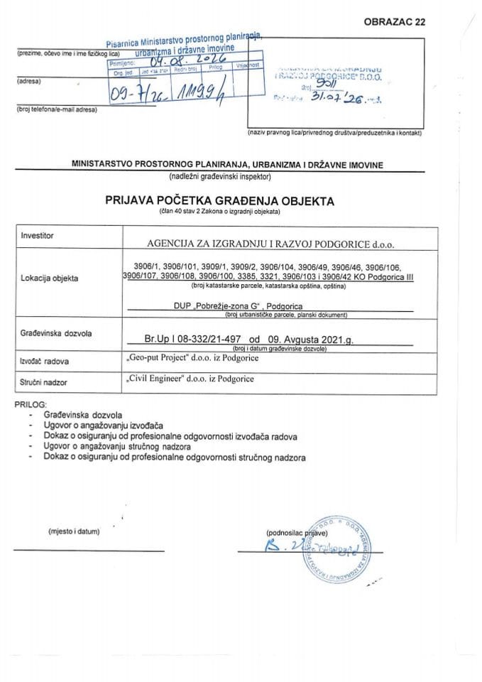 Prijava početka građenja objekta - 09-7-26-11199-1 AGENCIJA ZA IZGRADNJU I RAZVOJ PODGORICE D.O.O.