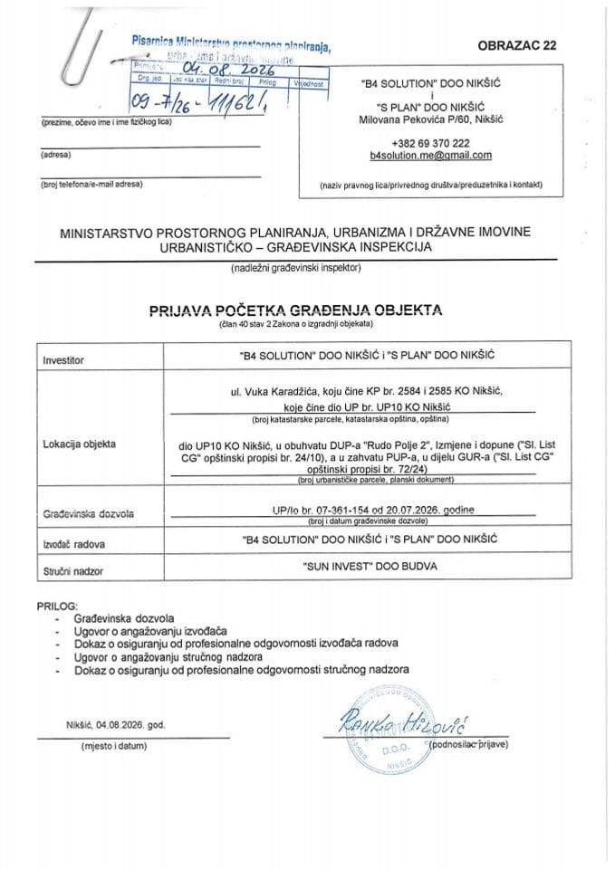 Prijava početka građenja objekta - 09-7-26-11162-1 B4 SOLUTION D.O.O. I S PLAN D.O.O.