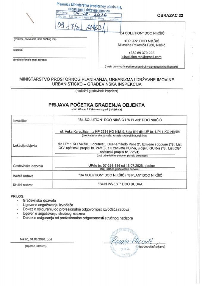 Prijava početka građenja objekta - 09-7-26-11163-1 B4 SOLUTION D.O.O. I S PLAN D.O.O.