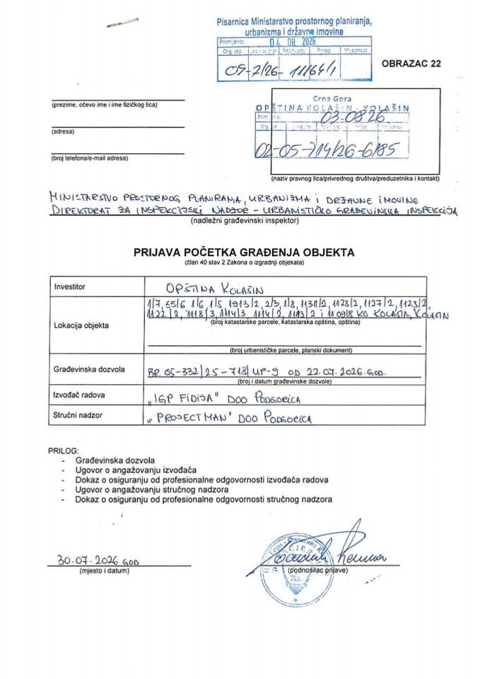 Prijava početka građenja objekta - 09-7-26-11164-1 OPŠTINA KOLAŠIN