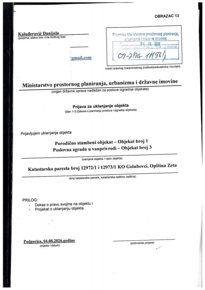 Prijava za uklanjanje objekta - 09-7-26-11198-1 KALUĐEROVIĆ DANIJELA