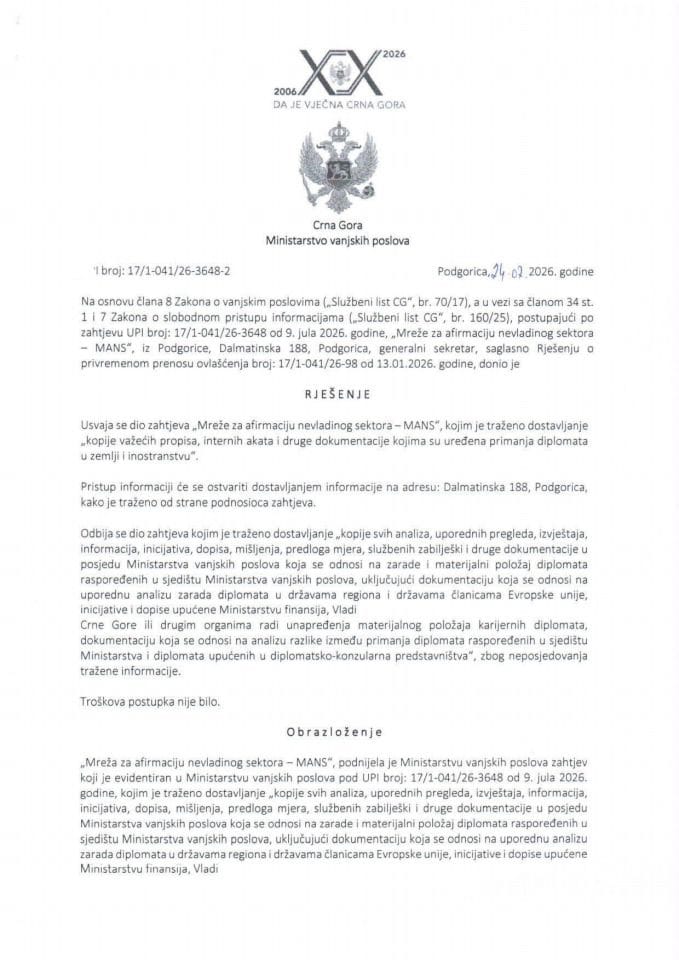 Rješenje broj: 17/1-041/26-3648-2