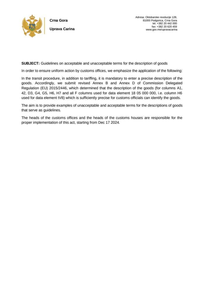 Guidance on acceptable and unacceptable terms for the description of goods